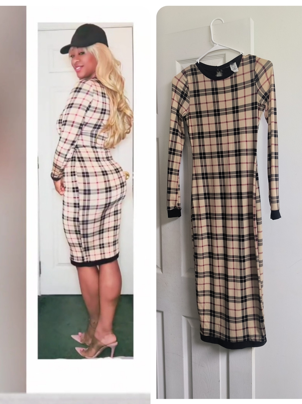 Plaid Long Sleeve Midi Dress - Beige/Black